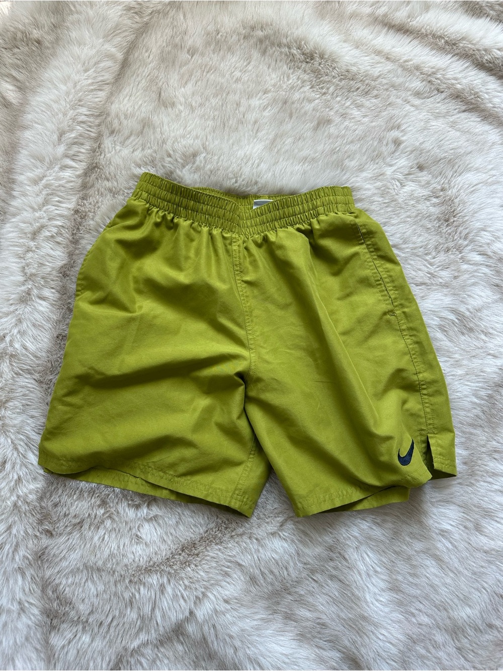 Boys Nike Chartreuse Athletic Shorts with Navy Swoosh
